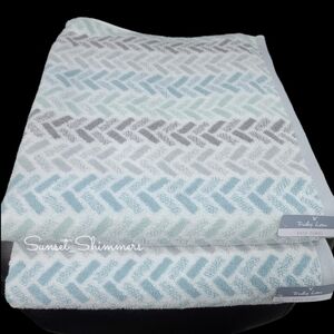 1 Truly Lou Bath Towel Blue Mint Green Gray Herringbone 100% Cotton New